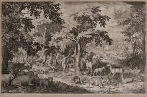 木々や野生動物に囲まれたエデンの園のアダムとイブ 作： Boetius Adams Bolswert